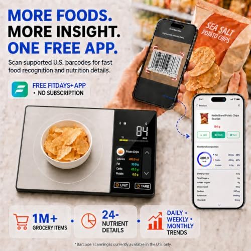 Smart Nutrition Food Scale with TFT Display & App, Calorie Counter & Nutrition Calculator, Tracks Protein, Carbs & Fat, 50 Built-in Foods, 24 Nutrients, 1g Digital Kitchen Scale for Meal Prep