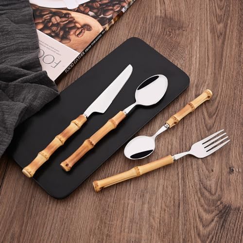 Bamboo Handle Silverware Set, 24-Piece Flatware Set for 6, Stainless Steel Cutlery Eating Utensils Include Forks Spoons and Knives for Daily Use and Party, Reusable and Modern Design