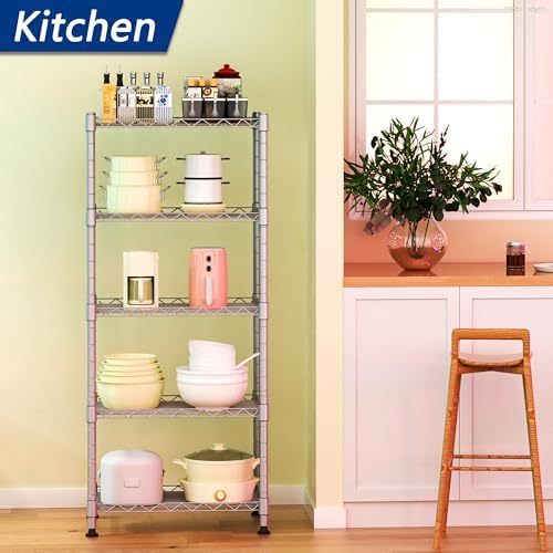 REGILLER 5-Wire Shelving Metal Storage Rack Adjustable Shelves,Standing Storage Shelf Units for Laundry Bathroom Kitchen Pantry Closet(Silver,11.8" D x 16.6" W x 53.5" H)