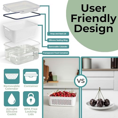 5 Pack Large Fruit Storage Containers for Fridge with Removable Colander