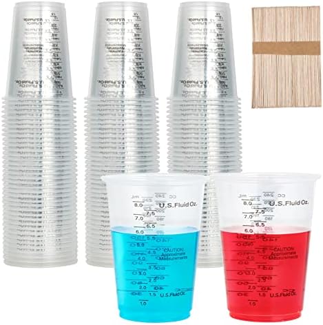 100 PACK 10 oz Plastic Measuring Cups, with 100 Wooden Mixing Sticks