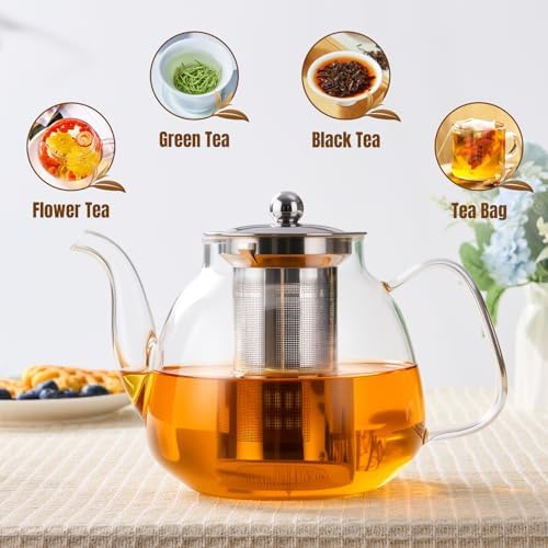 PARACITY Tea Pot with Infuser and Lid, 40 oz Stovetop Glass Kettle, Clear