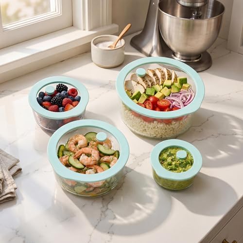 Urban Green Glass Food Container Set with Glass Lid, 4 Pack, Meal Prep Containers with Silicone Framed Airtight Lid, Leakproof, 100% Plastic Free,