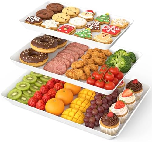 White Plastic Serving Trays 3 Pack, Rectangle Appetizer Platters for Party
