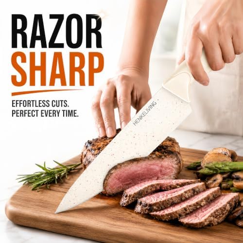 14-Piece Cream Kitchen Knife Block Set with Built-in Sharpener