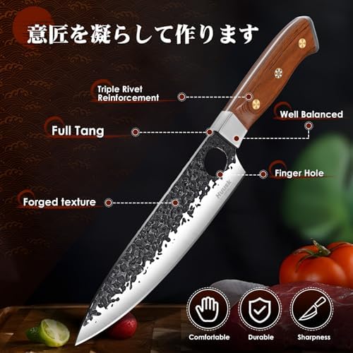Huusk Butcher Knives for Meat, Hand Forged Carbon Steel Viking Kitchen Knife Set with Roll Bag, Meat Cleaver Chef Knife Sets for Cooking Camping BBQ, Gift for Men Husband