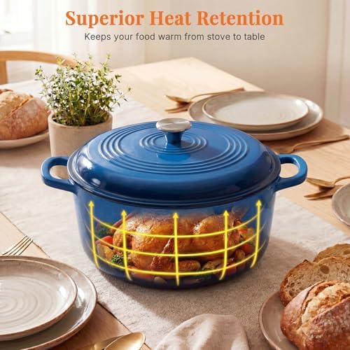 NEWBULIG Cast Iron Dutch Oven, 6 Quart Enamel Dutch Oven Pot with Lid, Heavy Duty Cookware for Sourdough Bread, Braising, Stews, Roasting, Safe up to 500°F, Blue