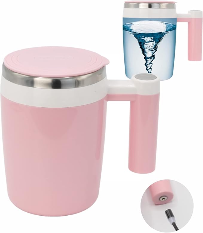 Rechargeable Self Stirring Mug - Magnetic Electric Auto Mixing Stainless Steel Cup for Office/Kitchen/Travel/Home Coffee/Tea/Hot Chocolate/Milk-430 ml/14.5 oz(Pink)