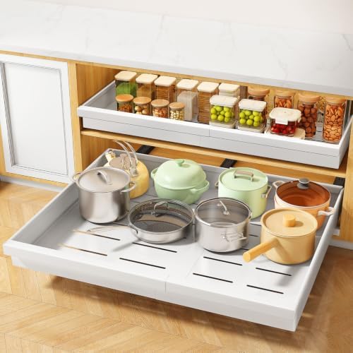 Pull out Cabinet Organizer, 4-Pack Expandable(13.6"-24") Silde out Drawers with Raising Pad for Framed Cabinets, Adjustable Full-Extension Adhesive Roll out Shelves for Kitchen Pantry Home Pot and Pan