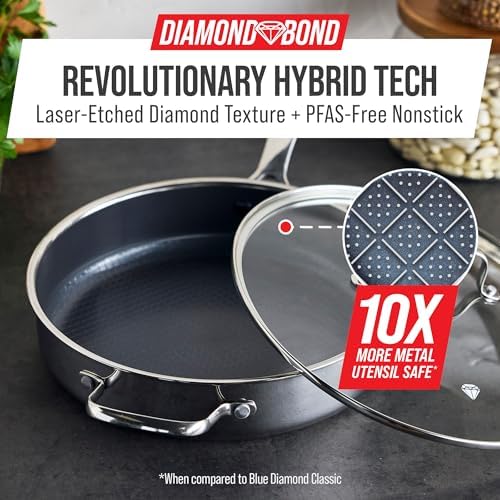 Blue Diamond Hybrid Nonstick Stainless Steel 4QT Saute Pan with Glass Lid, PFAS-Free Ceramic Diamond Bond, Deep Jumbo Skillet, Induction Ready, Dishwasher & Metal Utensil Safe, Stay-Cool Handle