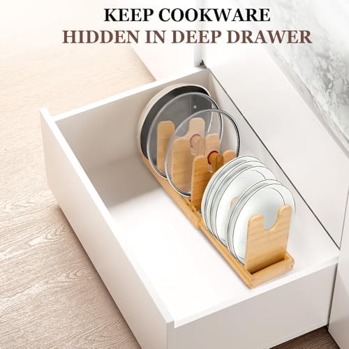 Bamboo Expandable Pot Lid Organizer, Pots and Pans Holder Rack for Cabinet