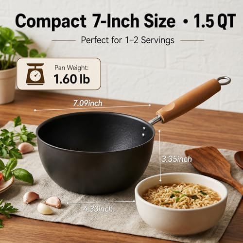 Small Carbon Steel Wok with Lid, 7-Inch 1.5QT Flat Bottom Pan