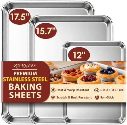 𝟒𝟏%𝟎𝐟𝐟 Baking Sheet Set of 3: Stainless Steel Cookie Sheets for Baking