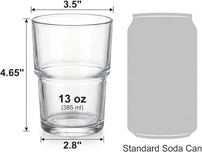 Stackable Drinking Glasses (Set of 6) – 13oz Clear Glass Cups for Iced Coffee, Juice & Beer – Modern Space Saving Highball Tumblers with Smart Non-Stick Design – Heavy Base & Dishwasher Safe