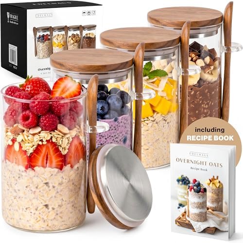 EDELHAUS Overnight Oats Containers with Lids - Glass Mason Jars, Meal Prep