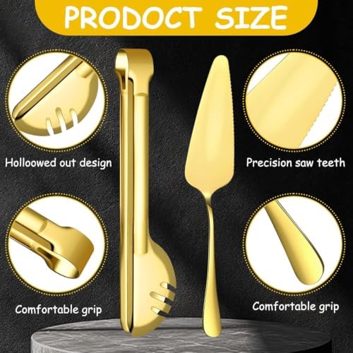 12 Pcs Gold Serving Utensils Set Include Stainless Steel Large Serving Spoons Slotted Spoons Forks Soup Ladle Pie Server - Metal Utensils for Parties Buffet Catering, Dishwasher Safe