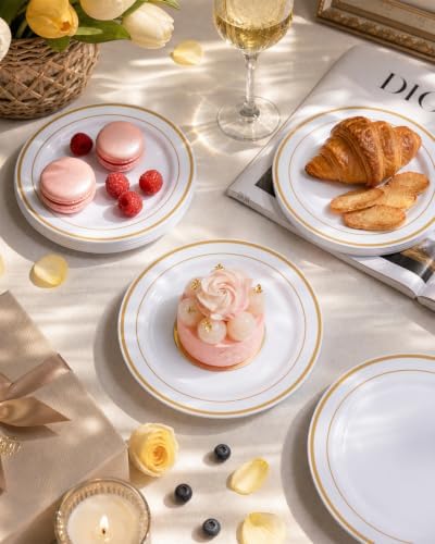 bUCLA 100Pieces Gold Plastic Plates -7.5inch White and Gold Disposable Salad/Dessert Plates - Ideal for Weddings, Party & Thanksgiving