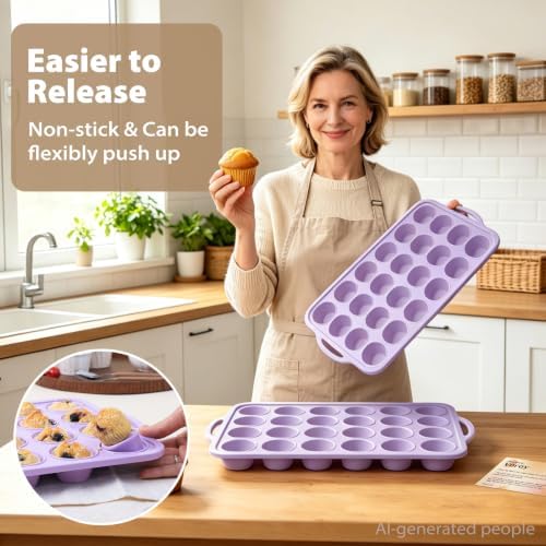 Purple Mini Silicone Muffin Molds: 2 Pack 24 Small Cupcake Mold for Baking