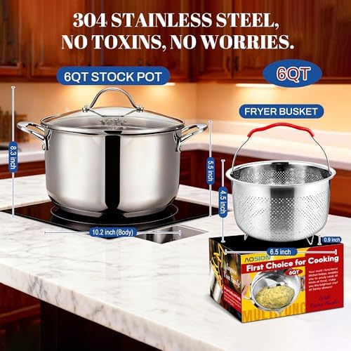 AOSION 6 Quart Deep Fryer Pot with Basket,Stainless Steel Stock Pot for Daily Family Use.