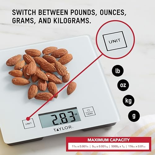 Taylor Compact Glass Kitchen Food Scale, 11 lb Capacity Digital Scale for Baking, Cooking, Meal Prep, Portion Control, Thin Lightweight Design, Easy-to-Read Display, White