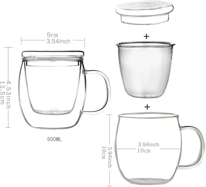 Glass Tea Cup with Infuser and Lid,500ml (17oz) Borosilicate Glass Tea Mugs for Loose Leaf Tea,Glass Tea Cups with Filter for Black Tea,Great Loose Tea-leaf Brewing System