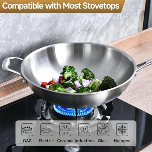 LOLYKITCH 12-Inch Stainless Steel Wok with Glass Lid | Detachable Handle