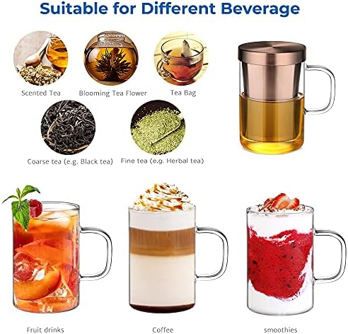 ecooe 16.9oz Glass Tea Cup with Infuser and Lid 430ml(Use Capacity), Bronze