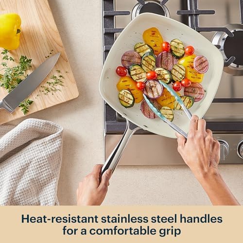 Pyrex 11-Inch Grill Pan Ceramic Cookware with Stainless Steel Handles