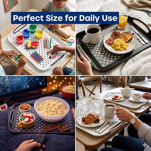 Food Trays for Eating on Couch - 2 Pack - Non Slip Dinner Trays for Eating Set of 2 Non Slip Serving Tray and Food Tray with Handles (Black & White)