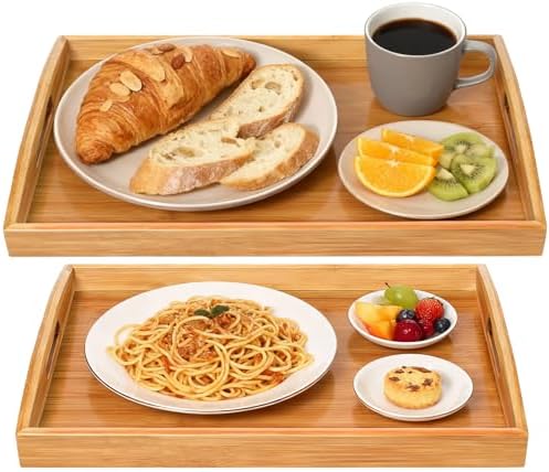 2-Pack Bamboo Serving Trays with Handles, 16" and 13", Decorative Food Tray Set for Breakfast, Coffee, Tea, Snacks, Ideal for Coffee Table, Ottoman, Living Room & Kitchen