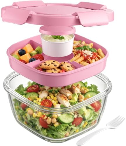 Canfanni Glass Salad Container, 56oz Bowl with Airtight Lids, Tray, Fork