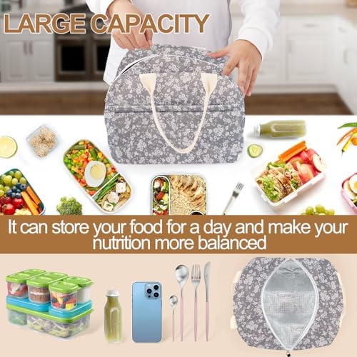 Cotton Quilted Insulated Lunch Bag, Reusable Quilted Floral Lunch Tote Bags