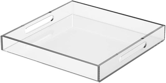 NIUBEE Clear Serving Tray 12x12 Inches -Spill Proof- Acrylic Decorative Tray Organiser for Ottoman Coffee Table Countertop with Handles