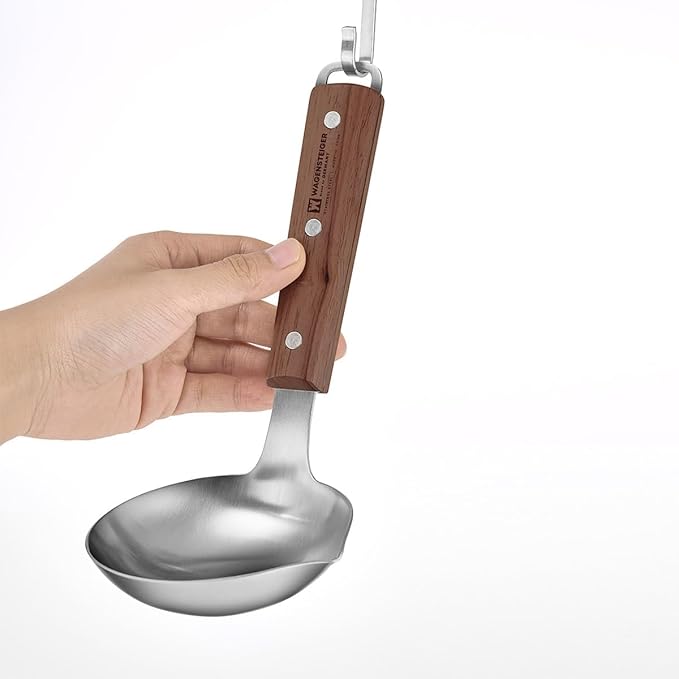 7.87" x 3.94" Short Ladle with Wooden Handle & Spout, SUS304 Stainless Steel Head, Ergonomic & Durable Design, Ideal for Serving Soup, Stews & Sauces, Comfortable Grip