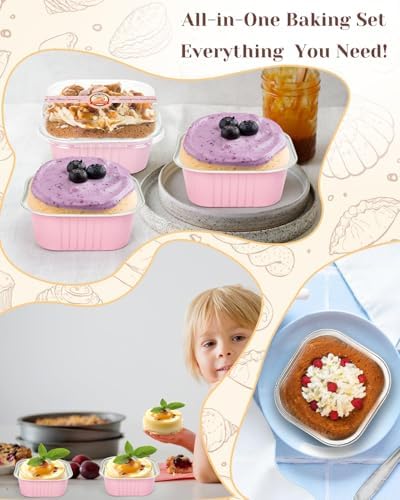 YQER 60 Pack 10oz Mini Cake Pans with Lids, Spoons, Stickers - Disposable Square Brownie Baking Cups - Individual Small Aluminum Foil Loaf Tins for Muffin, Ramekins, Cupcake - Catering, Gift, Pink