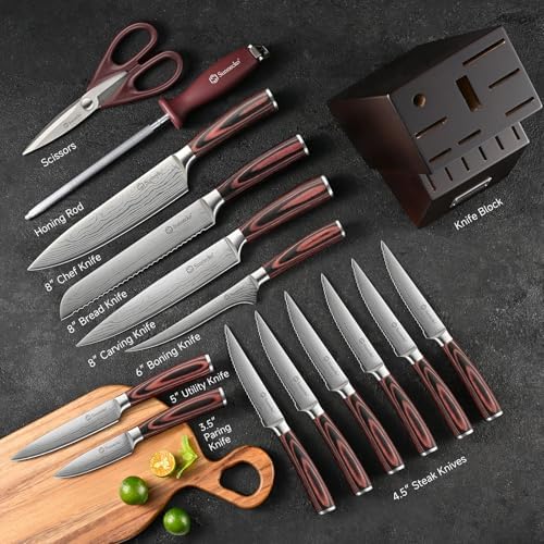 Knife Set with Block and Sharpener, 15 Piece Kitchen Knife Block Set