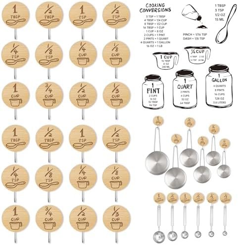 24 Pack Wooden Hooks for Organizing Measuring Cups and Spoons with Stickers