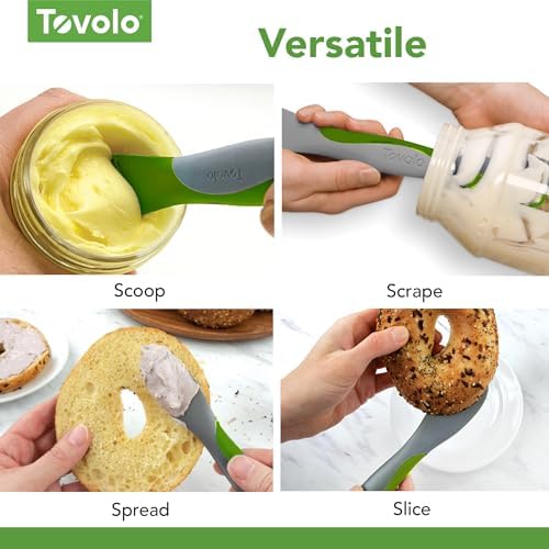 Tovolo Scoop and Spread Large Dual End Silicone Sandwich Spreader Tool with Nylon Handle, BPA Free Dishwasher Safe Silicone and Nylon Tool for Spreading and Scooping, Pesto Green and Oyster Gray