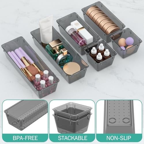 9 Pack Clear Drawer Organizer Set, Drawer Storage Trays, Storage Bins