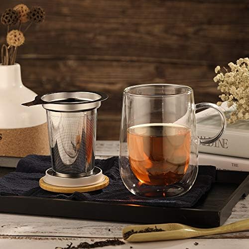 glastal Double Wall Tea Infuser Mug with Infuser 14.5oz for Loose Leaf Tea