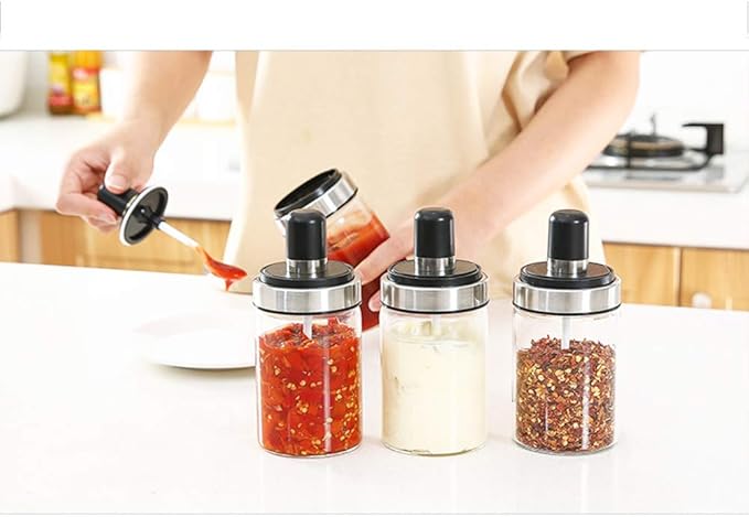 TENTA KITCHEN 3 High Borosilicate Glass Spice Jars Seasonning Box Jar Condiment Jar, Combination Spoon and Lid Design, Premium Commercial Grade, Empty Jars 8.45 oz, Airtight Cap.