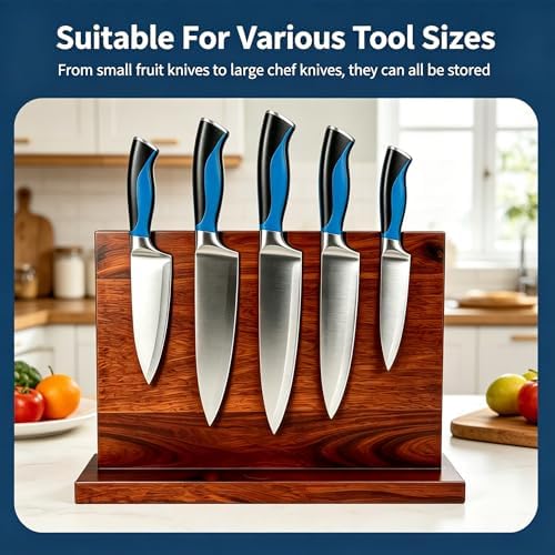 Magnetic Knife Blockr- Acacia Wood Strong Magnetic Knife Holder, Secure Knife Storage Organizer | Chef Tools & Space Saving for Kitchen Knives (brown)