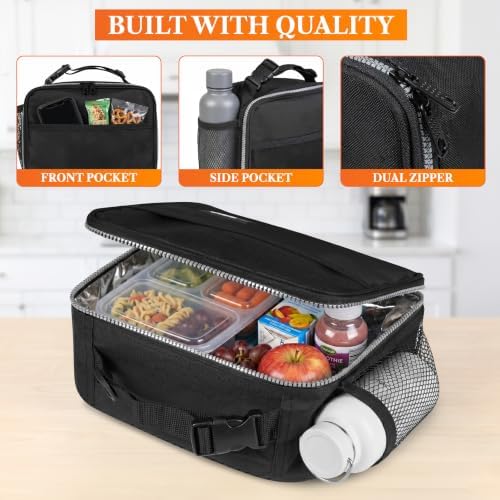 opux Insulated Lunch Bag for Kids, Reusable Lunch Box for School, Black
