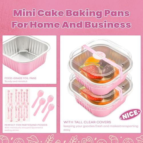 NPLUX Square Cake Pans with Lids, 50 Pack Pink 10oz for Birthday Treats