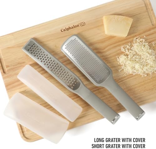 Calphalon Edge 2 Piece Stainless Steel Handheld Cheese Grater and Lemon Zester W/Covers & Rubber Handles - Taupe