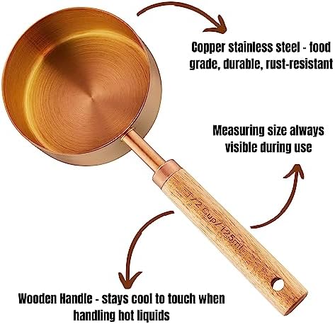 Copper Stainless Steel Measuring Cups and Spoons Set of 8, Wooden Handle with US and Metric Measurements
