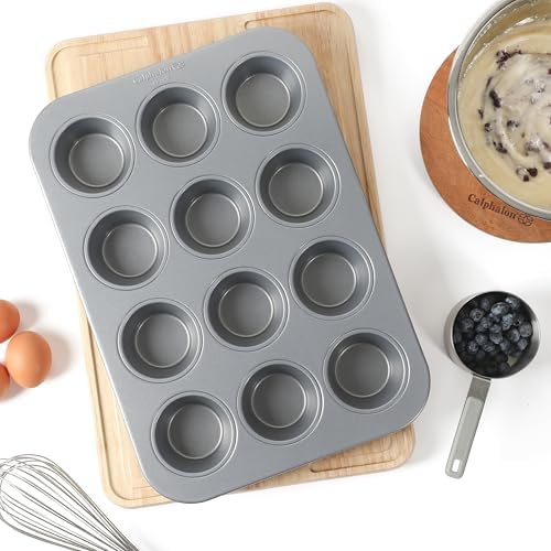 Calphalon Titan Steel Core PFA Free Nonstick Cupcake Muffin_Pan, Heavy Duty Carbon Steel Bakeware for Even Heating, Oven Safe Muffin_Tray for Cupcakes, Muffins, 12-Cup Muffin Pan (Pack of 4)