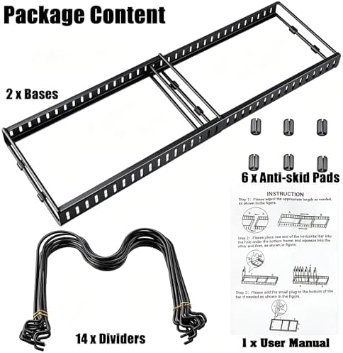 Expandable Pot and Pan Organizer for Cabinet, 14 Adjustable Dividers, Versatile Pan Holder Storage Rack, Extends from 12'' to 23'', Fits Cabinets, Countertops, or under Sink, Black, Iron
