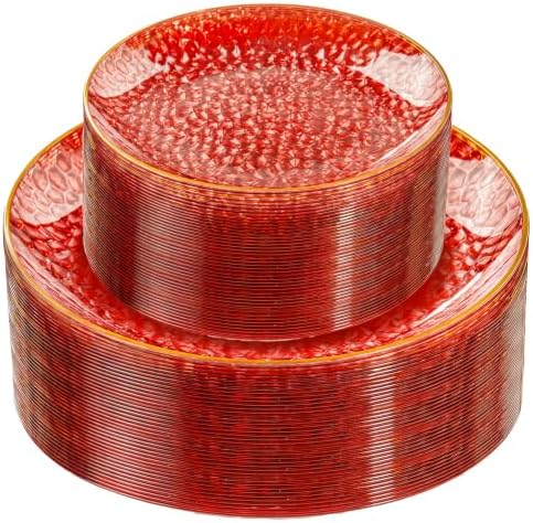 Rubtlamp 60 Pcs Red Plasitc Plates, Gold Red Disposable Plates, Fancy Party Plates, Hammered Plastic plates Include 30 Dessert Platos, 30 Dinner Platos for Party