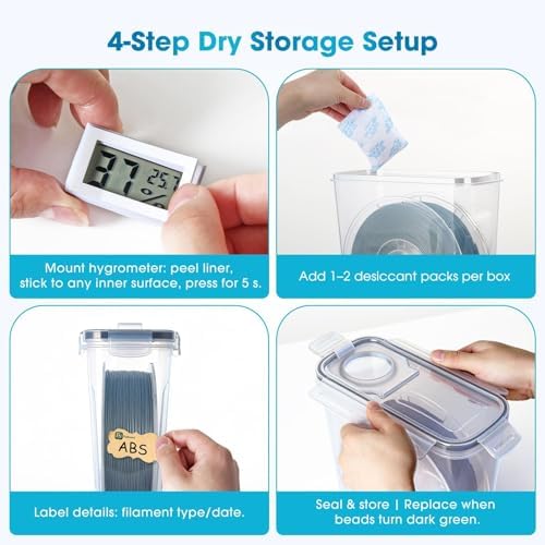 Filament Storage Box - 6 Pack 4L 3D Printer Filament Containers with 6 Hygrometers, Airtight Dry Boxes for Sealing and Protection, Water-Proof & Dust-Proof, Reusable Desiccant, Tube Cutter